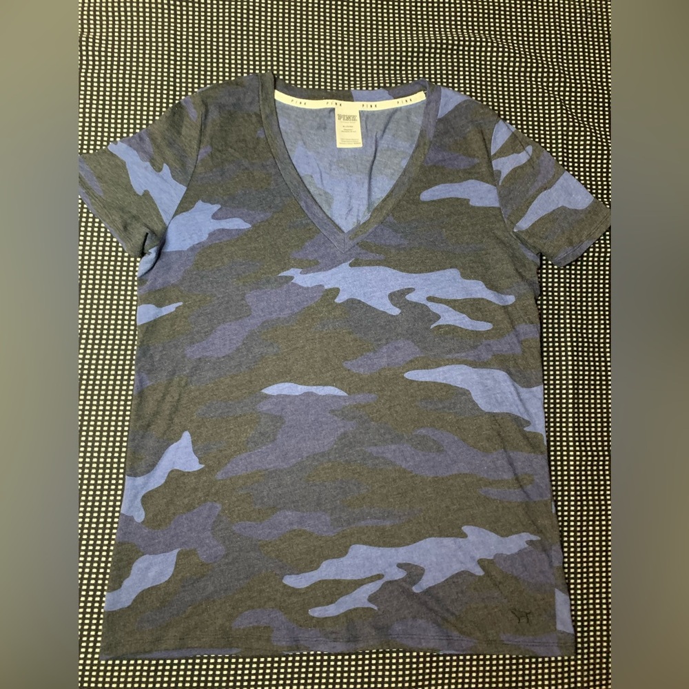 Victoria's Secret Pink Blue Camo Cotton Short Sleeve Sleepwear Shirt Top Size M